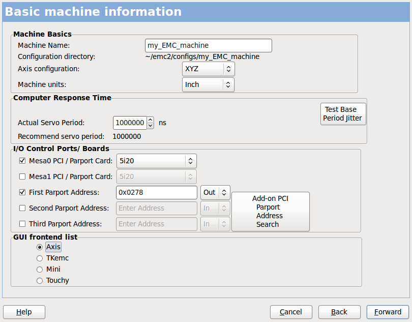 PnCConf Basic machine information