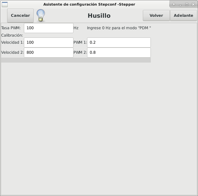 Página de configuración del husillo