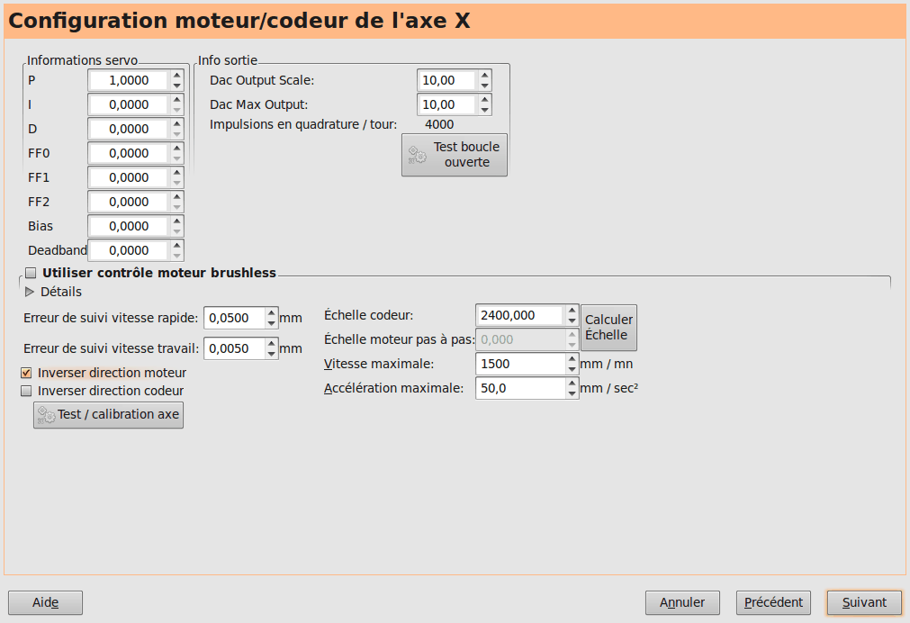 Configuration des axes