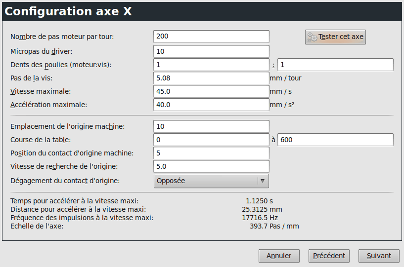 Page de configuration des axes