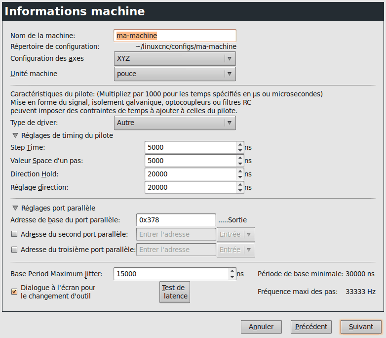 Page d'informations sur la machine