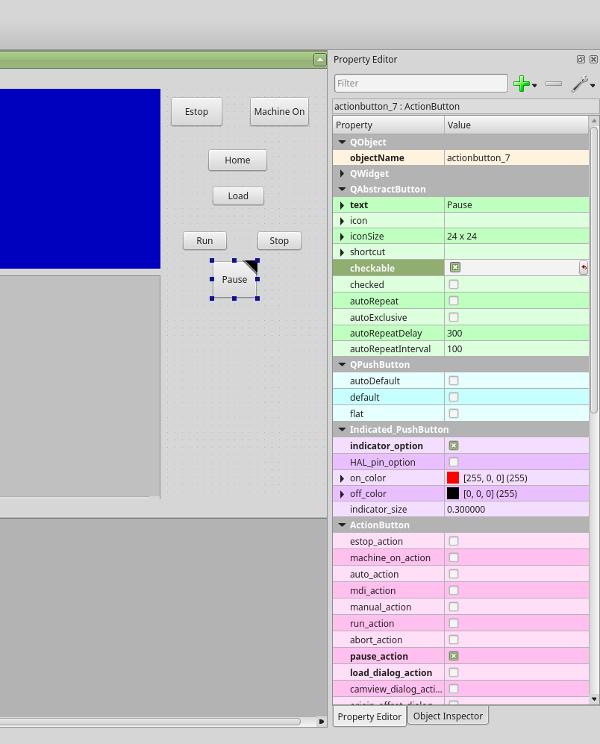 Qt Designer: Auswahl der Eigenschaften des Pause-Buttons (Schaltfläche)