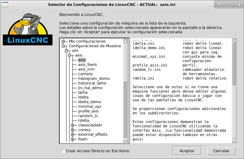 Selector de configuración de LinuxCNC