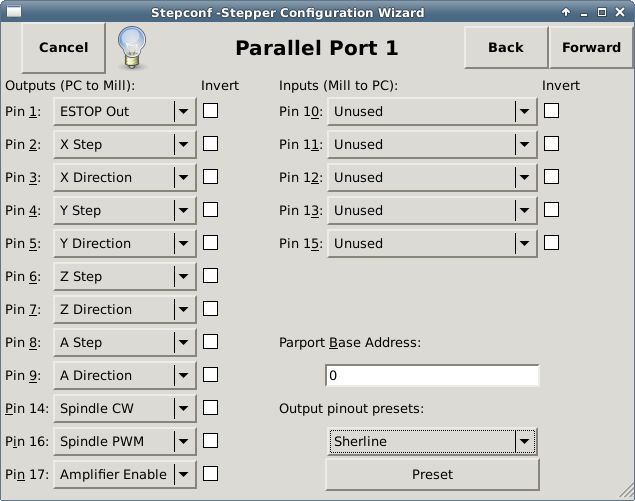 Página de ajuste del puerto paralelo 1