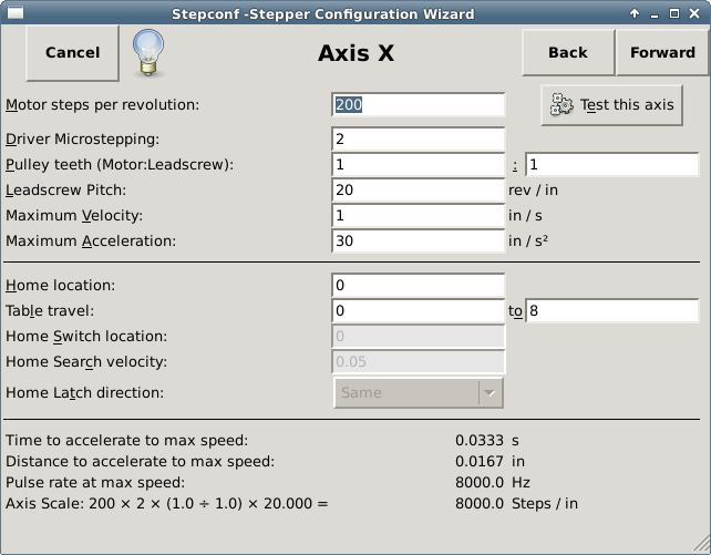 Página de configuración del eje X