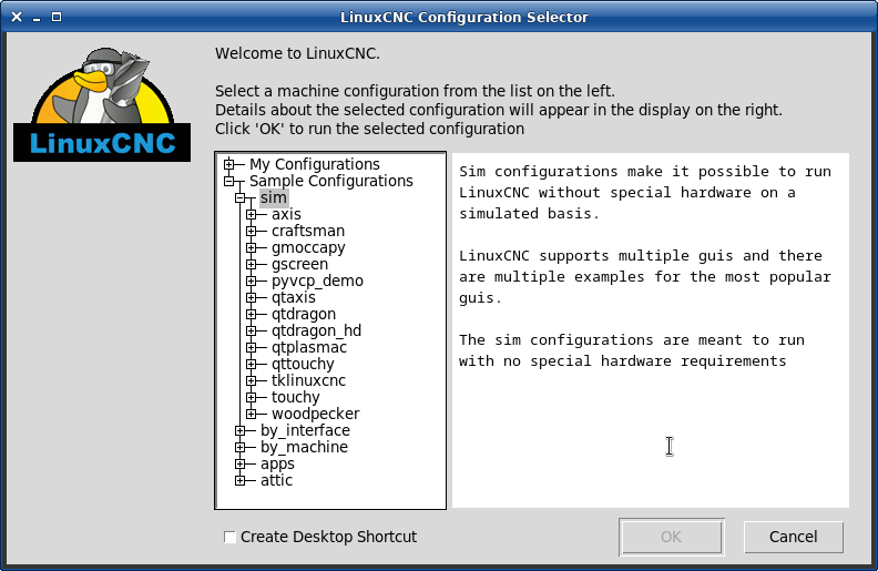 Вибір конфігурації LinuxCNC