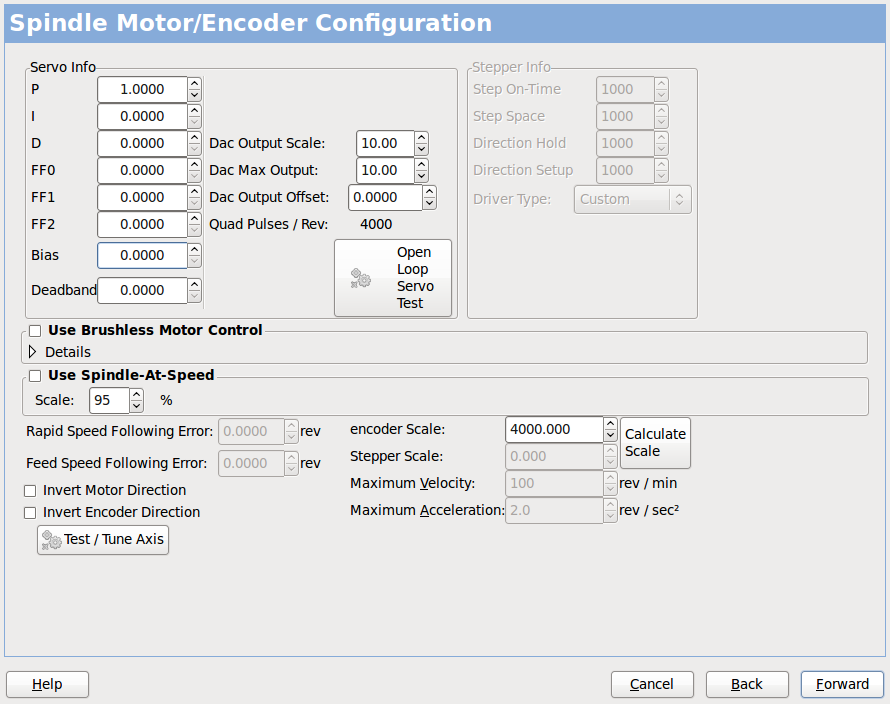 Configuración del husillo